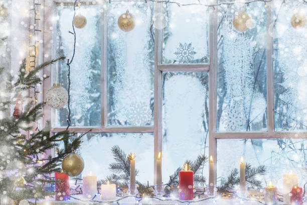 istock Christmas decorations on old wooden window 1189859299
