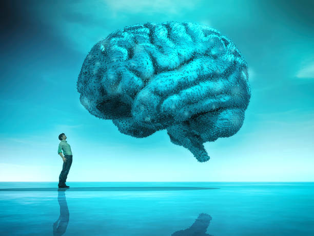 istock Men looks to a huge brain made of particles. 3d render illustration 1189860496