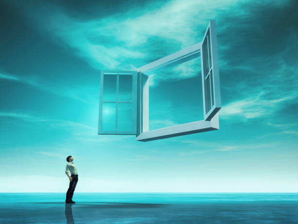 istock Man looks to a opened window to the sky. 3d render illustration 1189860622