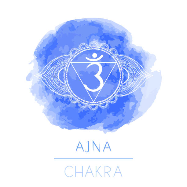 vektor-illustration mit symbol chakra ajna und aquarell-element auf weißem hintergrund. - wirbelkanal stock-grafiken, -clipart, -cartoons und -symbole