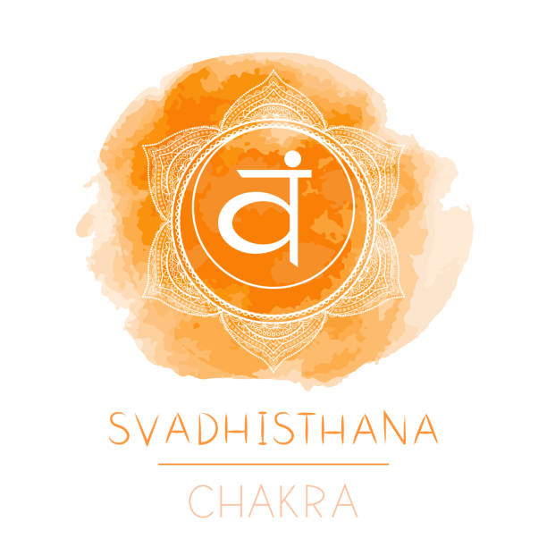 vektor-illustration mit symbol-chakra svadhishana und aquarell-element auf weißem hintergrund. - wirbelkanal stock-grafiken, -clipart, -cartoons und -symbole