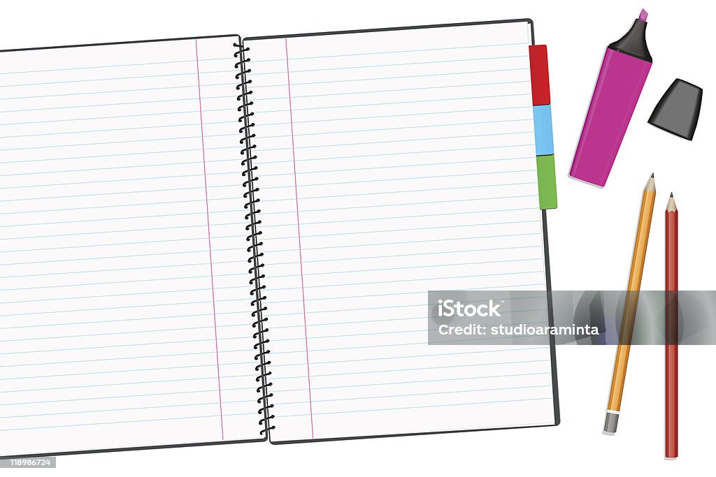 Abierto de bloc de notas con lápices aislado sobre un fondo blanco - arte vectorial de Abierto libre de derechos