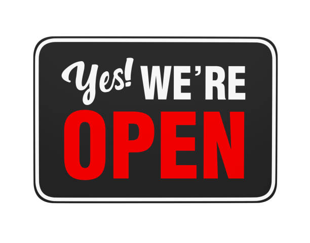 "Yes We're Open" Sign Isolated "Yes We're Open" Sign isolated on white background. 3D render open sign stock pictures, royalty-free photos & images