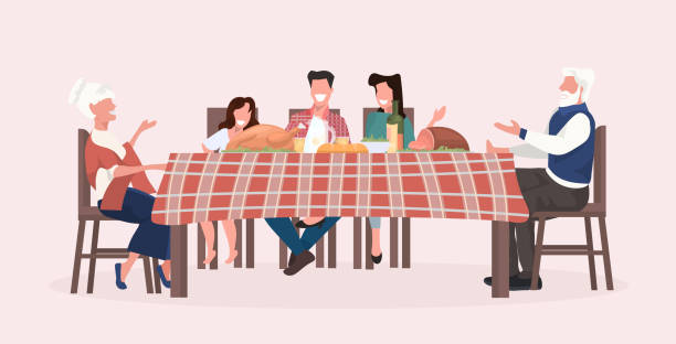 multi generation family sitting at table having christmas dinner grandparents parents and children discussing during meeting holidays celebration concept full length horizontal multi generation family sitting at table having christmas dinner grandparents parents and children discussing during meeting holidays celebration concept full length horizontal vector illustration duck family stock illustrations