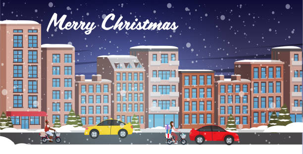 cars and scooters driving asphalt road snowy town street winter city buildings night cityscape snowfall background horizontal greeting card cars and scooters driving asphalt road snowy town street winter city buildings night cityscape snowfall background horizontal greeting card vector illustration woman driving car night stock illustrations