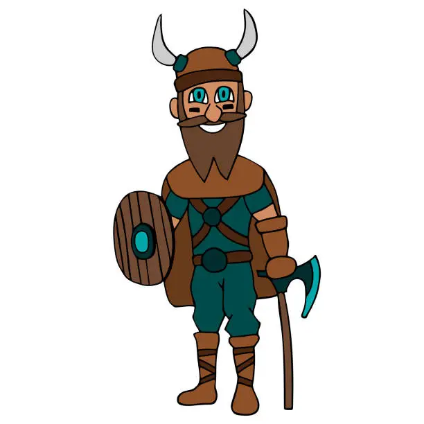 Vector illustration of cartoon viking with ax, shield and beard. White background isolated vector illustration