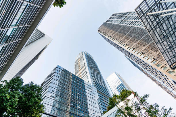 istock Business skyscraper and green leaves 1189873722
