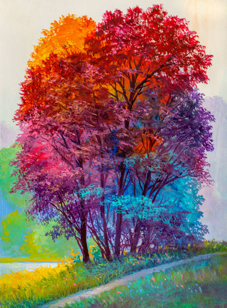 krajobraz malarstwa olejowego - kolorowy jesienny las - gold yellow aspen tree autumn stock illustrations