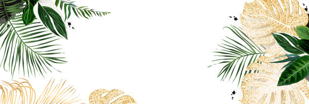 istock Tropical banner arranged from exotic emerald and golden glitter leaves 1189875473