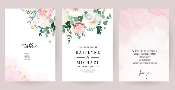 Elegant wedding cards with pink watercolor texture and spring flowers. White peony, pink ranunculus, dusty rose, eucalyptus, greenery. Floral vector design frame.All elements are isolated and editable