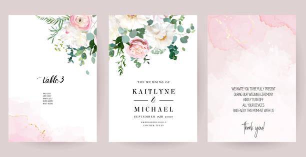 Elegant wedding cards with pink watercolor texture and spring flowers Elegant wedding cards with pink watercolor texture and spring flowers. White peony, pink ranunculus, dusty rose, eucalyptus, greenery. Floral vector design frame.All elements are isolated and editable pink color stock illustrations