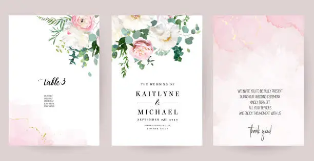 Vector illustration of Elegant wedding cards with pink watercolor texture and spring flowers