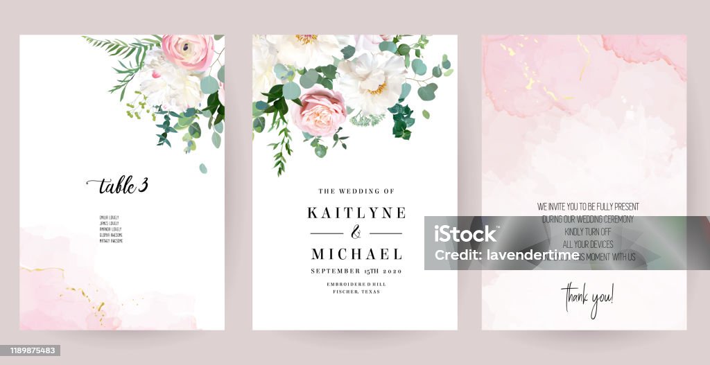 優雅的結婚卡與粉紅色的水彩紋理和春天的花朵 - 免版稅花圖庫向量圖形
