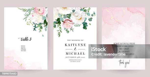 優雅的結婚卡與粉紅色的水彩紋理和春天的花朵向量圖形及更多花圖片 - 花, 水彩畫, 婚禮