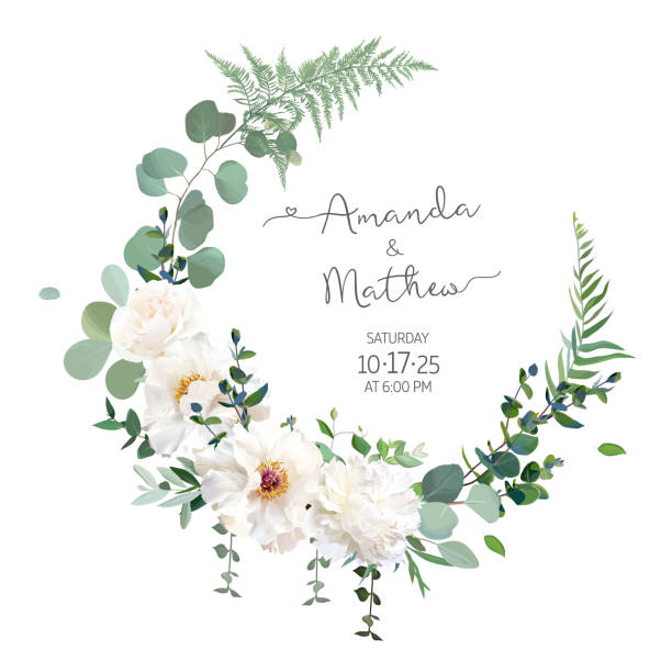 Greenery and white peony, rose flowers vector design round invitation frame Greenery and white peony, rose flowers vector design round invitation frame. Rustic wedding greenery. Mint, blue, green tones. Watercolor save the date card. Summer rustic style. Isolated and editable wedding illustrations stock illustrations