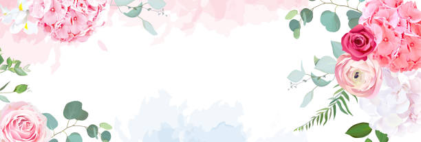 illustrazioni stock, clip art, cartoni animati e icone di tendenza di trendy semplice lay lay design vettoriale sfondo orizzontale. - flower spring white blue