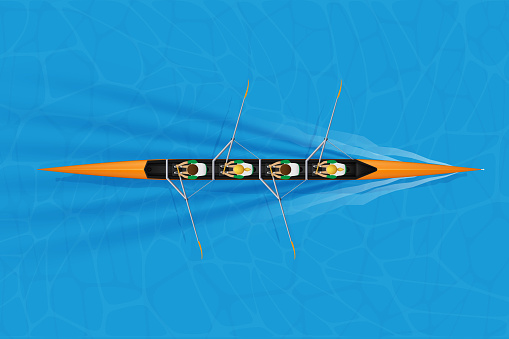 Four Racing shell with mixed paddlers for rowing sport on water surface. Four paddlers mixed race. Woman and Man and inside boat. Top view. Vector Illustration