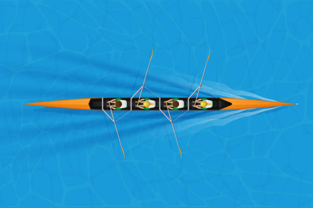 Four Racing shell with mixed paddlers Four Racing shell with mixed paddlers for rowing sport on water surface. Four paddlers mixed race. Woman and Man and inside boat. Top view. Vector Illustration rowing stock illustrations