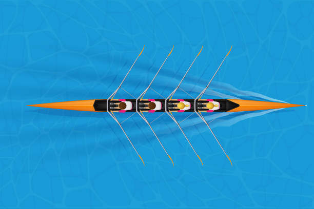 ilustrações, clipart, desenhos animados e ícones de escudo de competência de quatro com paddlers misturados - rowboat