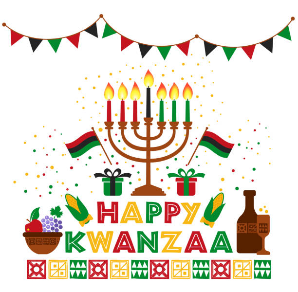 ilustraciones, imágenes clip art, dibujos animados e iconos de stock de estandarte para kwanzaa con colores tradicionales y velas que representan los siete principios o nguzo saba. - kwanzaa