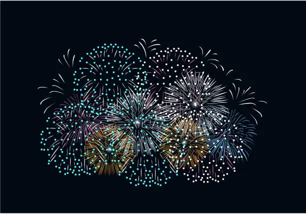 Vector illustration of Fireworks on dark background. Holiday card. Vector illustration of bright firecracker in simple flat style.