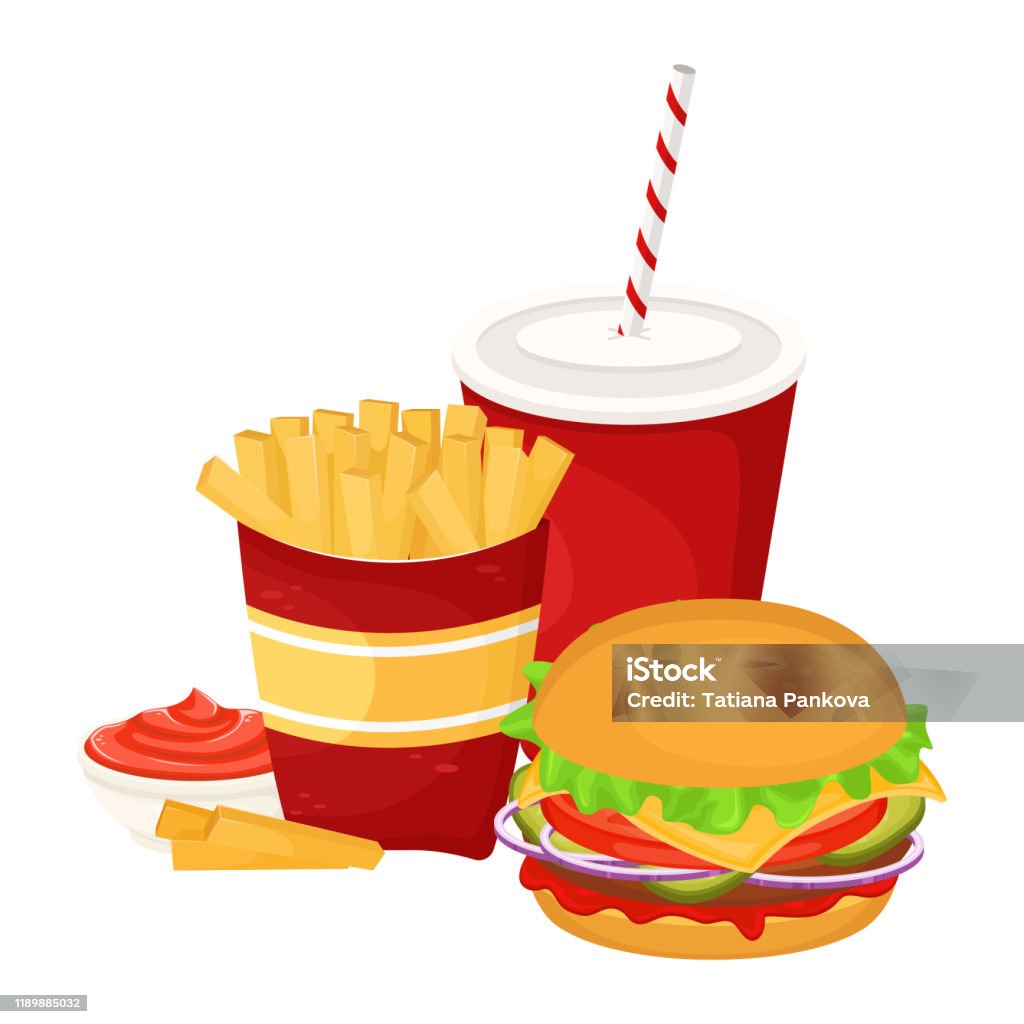 Hamburger Khoai Tây Chiên Với Nước Sốt Và Soda Trong Cốc Các Tông ...