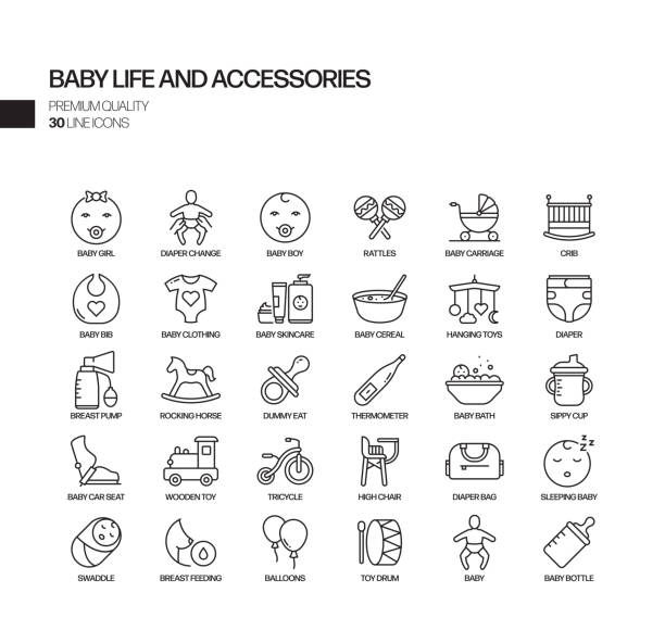 아기 생활 및 액세서리 관련 벡터 라인 아이콘의 간단한 세트입니다. 윤곽선 기호 컬렉션 - baby mother family crib stock illustrations