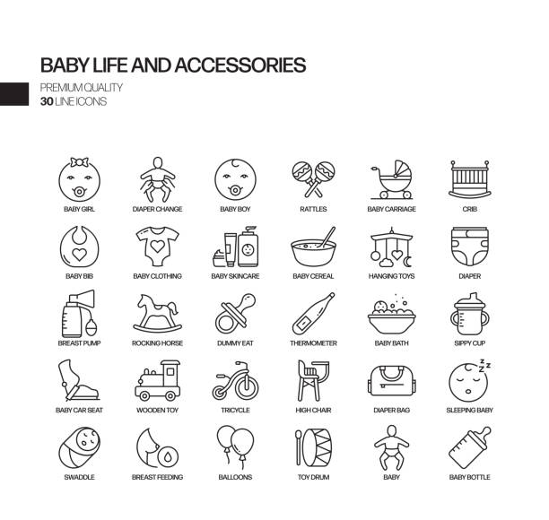 stockillustraties, clipart, cartoons en iconen met eenvoudige set van baby leven en accessoires gerelateerde vector lijn iconen. outline symbol-collectie - jongen peuter eten