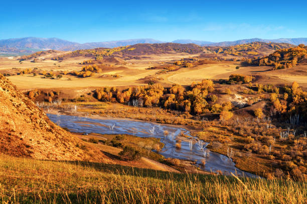 pradaria da mongólia interior - prairie mountain range autumn day - fotografias e filmes do acervo