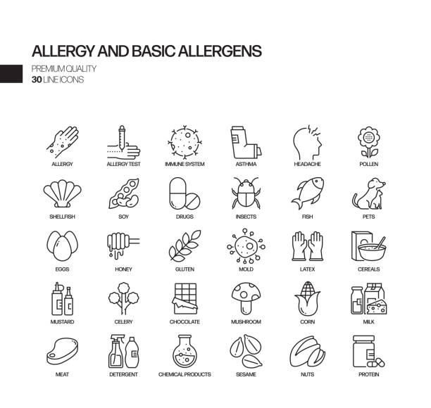 アレルギーと  基本的なアレルゲン関連ベクトルラインアイコンのシンプルなセット。アウトライン記号コレクション - 花粉点のイラスト素材／クリップアート素材／マンガ素材／アイコン素材