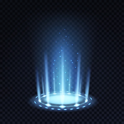 Magic portal. Realistic light effect with blue beam and glowing particles, futuristic teleport funnel 3d vector abstract isolated lighting flooring round concept