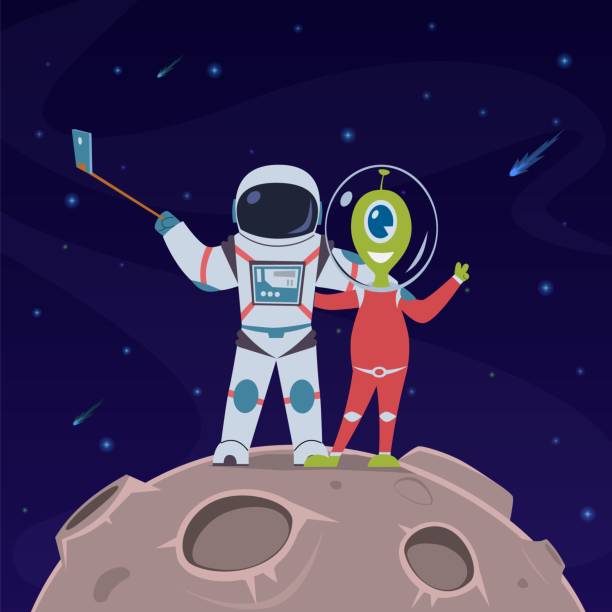 istock Astronaut and alien selfie. Friendship between spaceman and alien humanoid on remote space planet cartoon vector childish concept 1189888380
