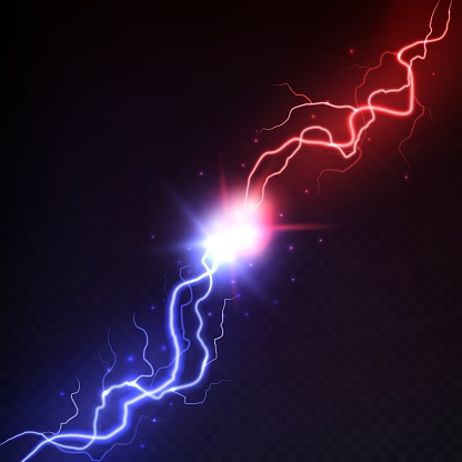 Lightning collision. Vs blast challenge, versus mma battle with red and blue electric lightning vector abstract magic power fight of lights concept