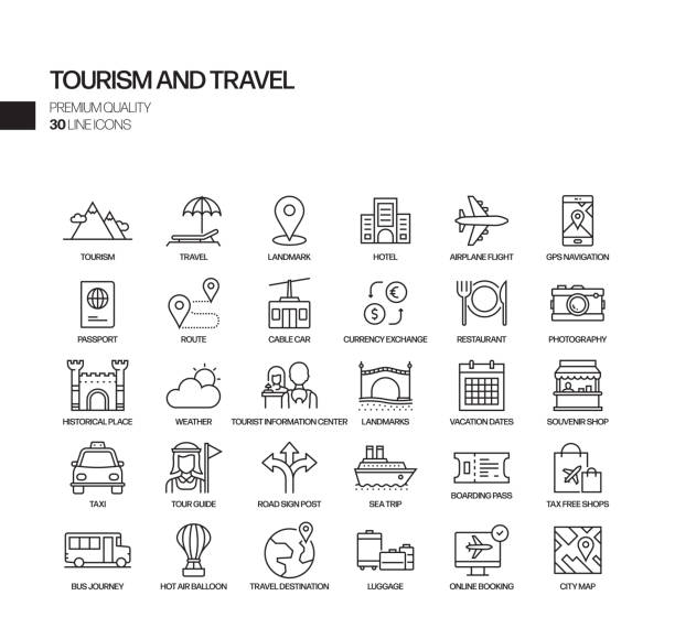 ilustrações de stock, clip art, desenhos animados e ícones de simple set of tourism and travel related vector line icons. outline symbol collection - summer resort id card sign paperwork