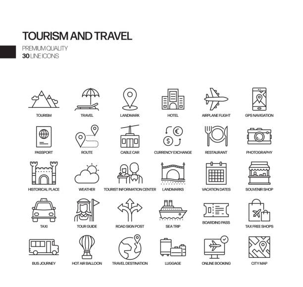 Simple Set of Tourism and Travel Related Vector Line Icons. Outline Symbol Collection Simple Set of Tourism and Travel Related Vector Line Icons. Outline Symbol Collection travel agencies stock illustrations