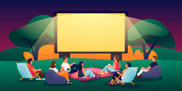 Outdoor evening cinema in summer park. Vector flat cartoon illustration. People watching movie in open-air cinema Outdoor evening cinema in summer park. Vector flat cartoon illustration. People watching movie in open-air cinema. Film festival, events and entertainment concept. movie-theater-exterior stock illustrations