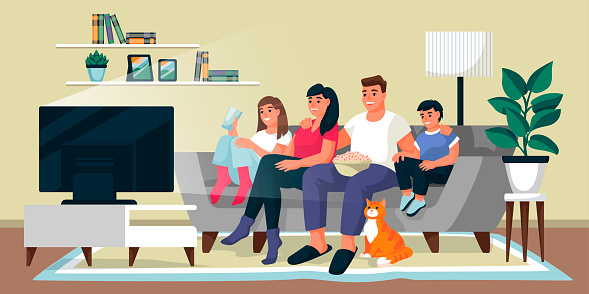 Family Watching Tv In Living Room Vector Flat Cartoon Illustration Home Movie Time Indoor Weekend Leisure Concept Stock Illustration - Download Image Now - iStock Family Watching Tv In Living Room Vector Flat Cartoon Illustration Home Movie Time Indoor Weekend Leisure Concept Stock Illustration - Download Image Now - iStock