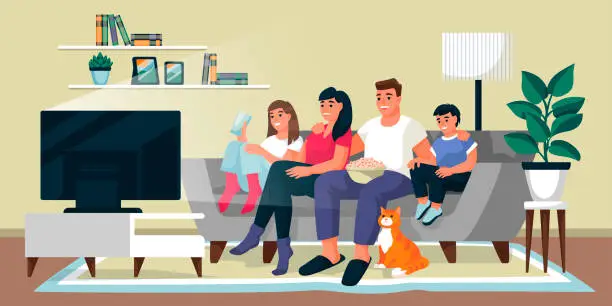 Vector illustration of Family watching TV in living room. Vector flat cartoon illustration. Home movie time, indoor weekend leisure concept.