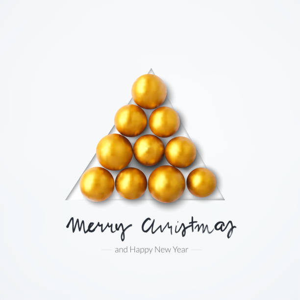 ilustrações de stock, clip art, desenhos animados e ícones de ten round handmade gold spheres arranged side by side inside one big abstract triangle shape cut out in white paper - vector illustration with christmas tree and handwritten text under - modern card design - abstract backgrounds ball close up