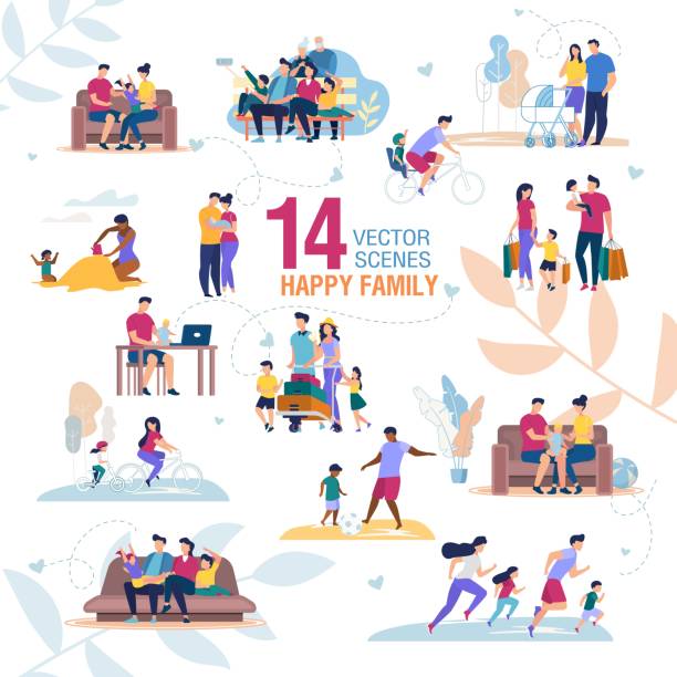 Happy Family Activities Scenes Flat Vector Set Happy Family Activities, Recreation Scenes Trendy Vector Set Isolated on White Background. Parents with Children Characters Spending Time Together at Home, Playing Game, Doing Exercises Illustration sport illustrations stock illustrations