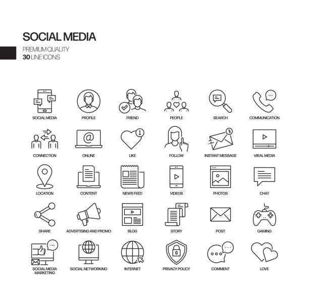 소셜 미디어 관련 벡터 라인 아이콘의 간단한 집합입니다. 윤곽선 기호 컬렉션 - network security symbol community computer icon stock illustrations