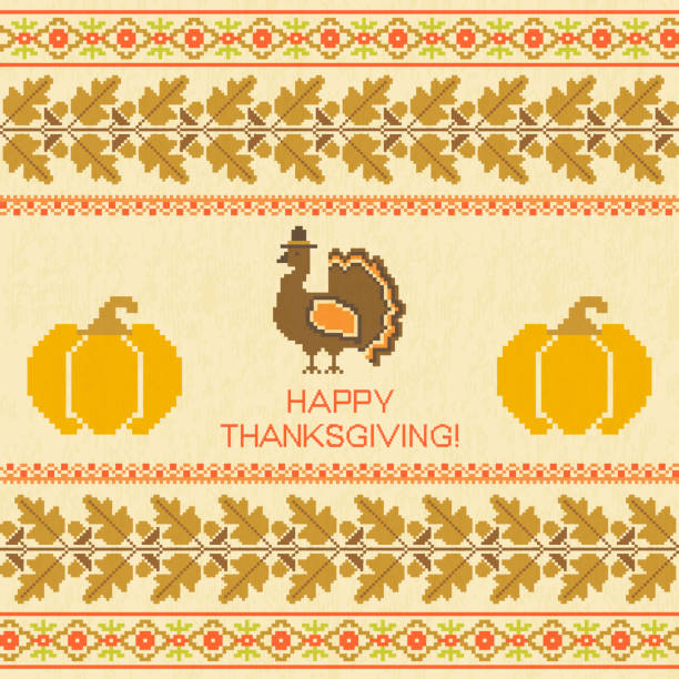 Thanksgiving embroidered background Thanksgiving embroidered background with turkey and pumpkin knitted pumpkin stock illustrations