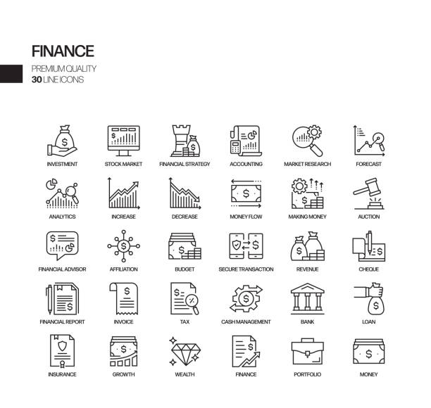 einfache satz von finanzen verwandte vektor linie icons. umrisssymbol-auflistung - tax tax form financial advisor calculator stock-grafiken, -clipart, -cartoons und -symbole