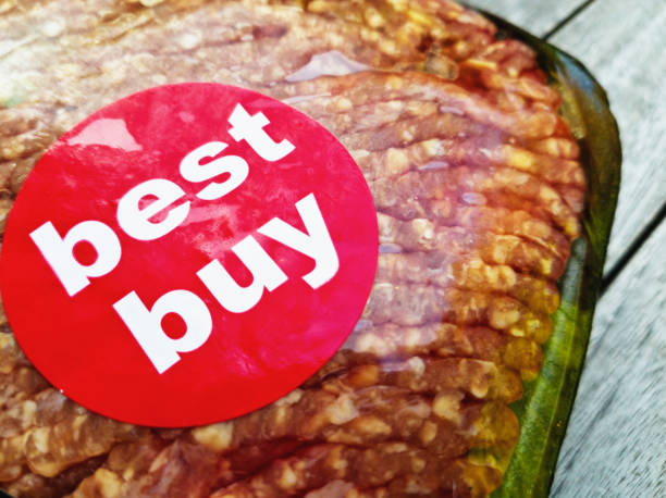 Lab grown cultured meat concept for artificial in vitro cell culture meat production with packed raw meat with made up blue label