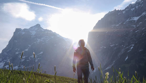 istock Mature man walks through alpine field at sunrise 1189900972