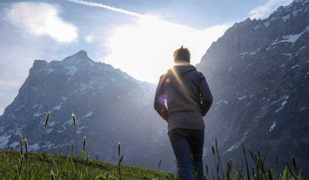 istock Mature man walks through alpine field at sunrise 1189902892