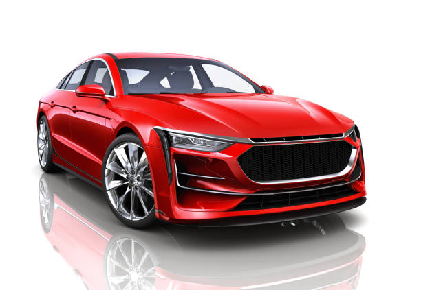 coche sedán genérico rojo aislado sobre fondo blanco - ilustración 3d - futuristic car color image mode of transport fotografías e imágenes de stock