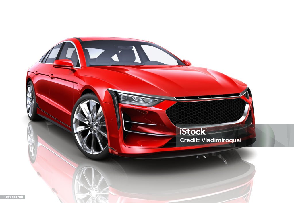 Czerwony ogólny samochód sedan izolowany na białym tle - ilustracja 3D - Zbiór zdjęć royalty-free (Samochód)