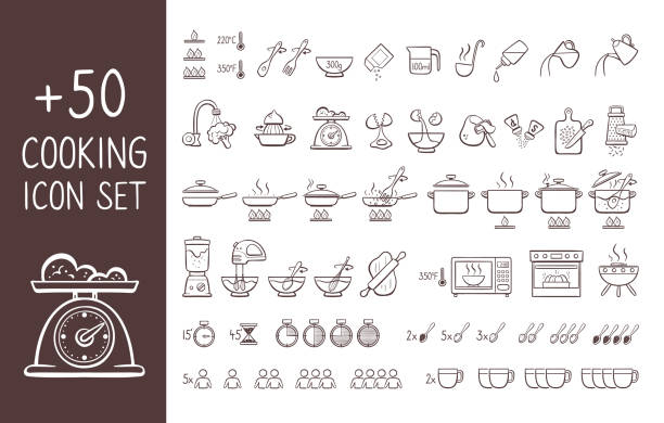 ilustrações de stock, clip art, desenhos animados e ícones de cooking instructions doodle icon set - cooking