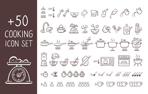 Set of hand drawn cooking icons, perfect for giving cooking instructions and explain cooking recipes. Hand drawn doodle icons isolated on white background.